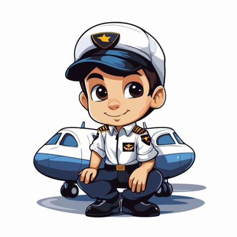 Vector illustration of a boy pilot with airplane on a white back