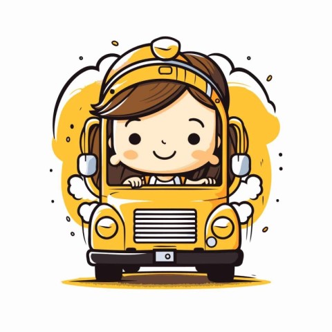 Cute little girl driving a school bus. Vector cartoon illustrati