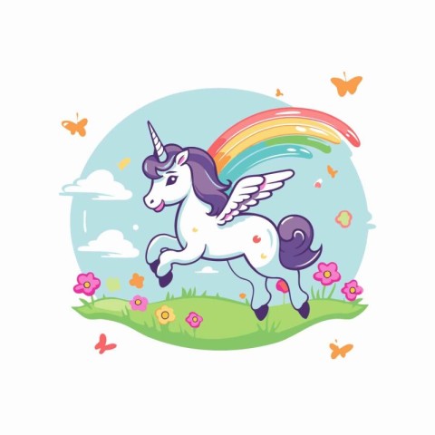 Unicorn with rainbow in the sky. Cute cartoon vector illustratio