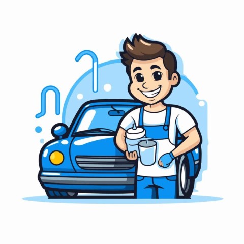 Car wash service man. Cleaning service worker with car. Vector i