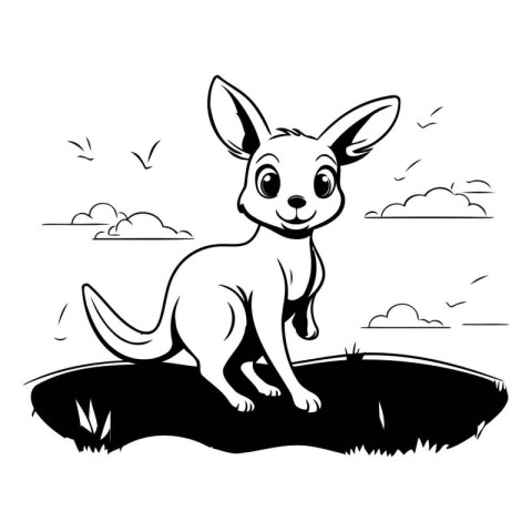 Kangaroo in the field. Black and white vector illustration.