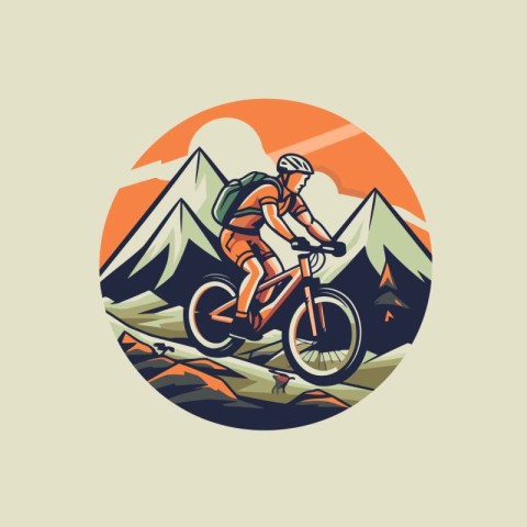 Mountain biker riding on the bike in the mountains. Vector illus