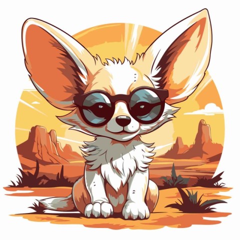 Cute cartoon dog with sunglasses sitting in the desert. Vector i