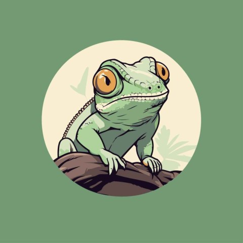 Vector illustration of a green chameleon on a green background.