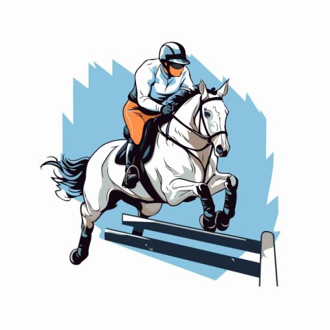 Jockey on horse jumping over obstacles. Vector illustration on w