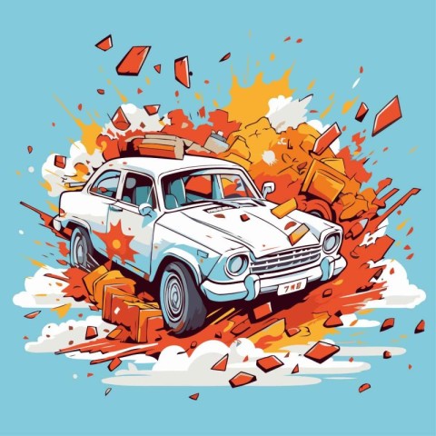 Vintage car on the background of the explosion. Vector illustrat