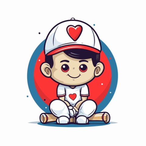 Cute cartoon baseball player sitting on the floor. Vector illust