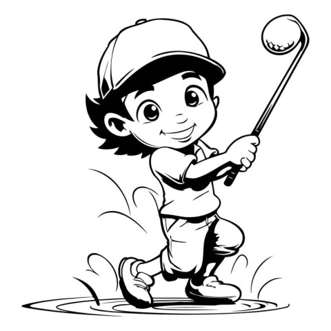 Black and White Cartoon Illustration of Kid Playing Golf for Col