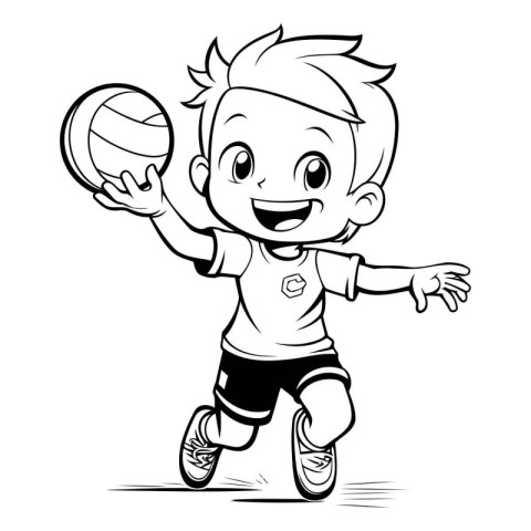 Little Boy Playing Volleyball - Black and White Cartoon Illustra