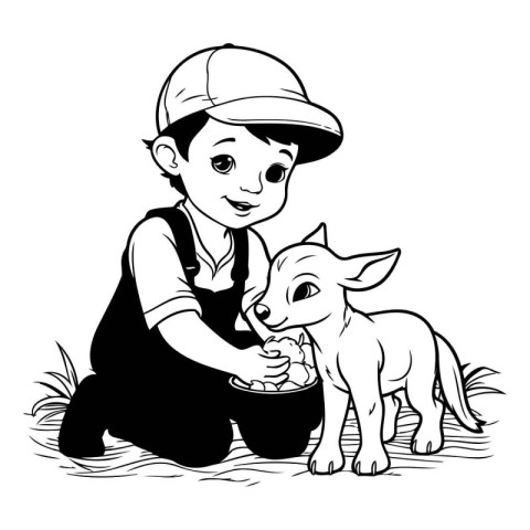 Cute boy playing with his dog. black and white vector illustrati