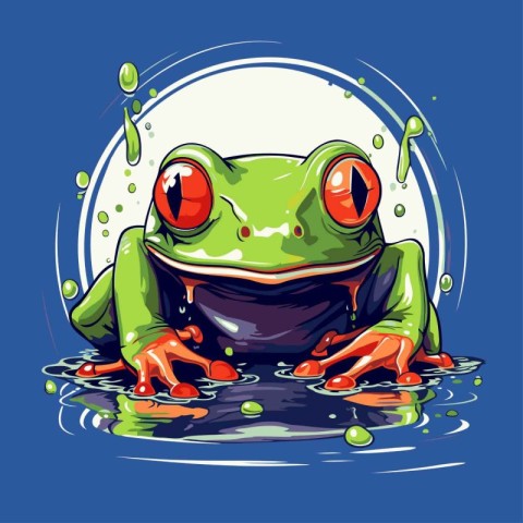 Frog in the water. Vector illustration on a blue background.