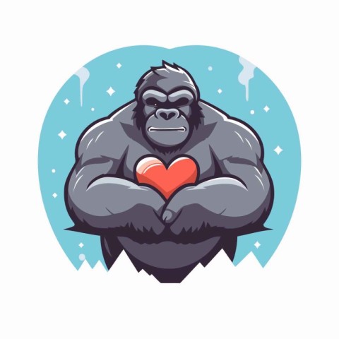 Vector illustration of a strong gorilla holding a heart in his h