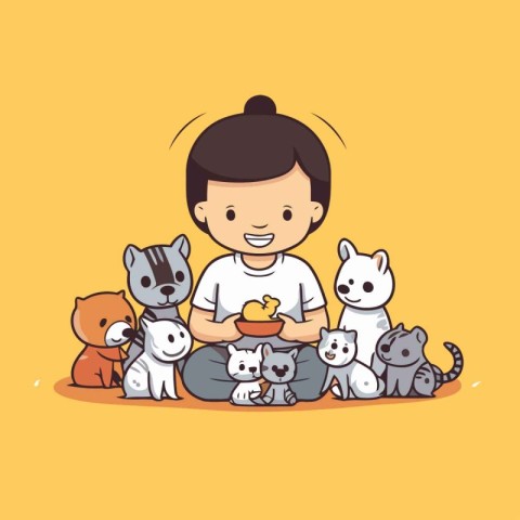 Cute little boy playing with pets. Vector illustration. Cartoon