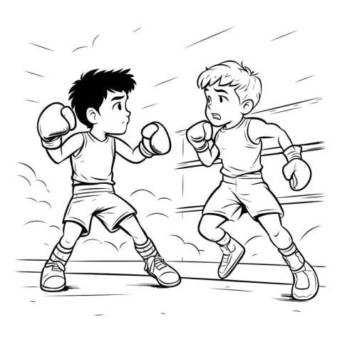 Boxing Kids - Black and White Cartoon Illustration of Two Boxers