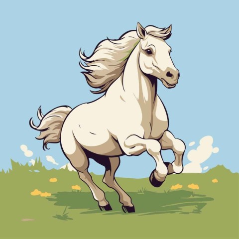 Vector illustration of a white horse with long mane in the field