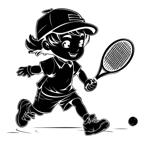 Cute little girl playing tennis. Black and white vector illustra