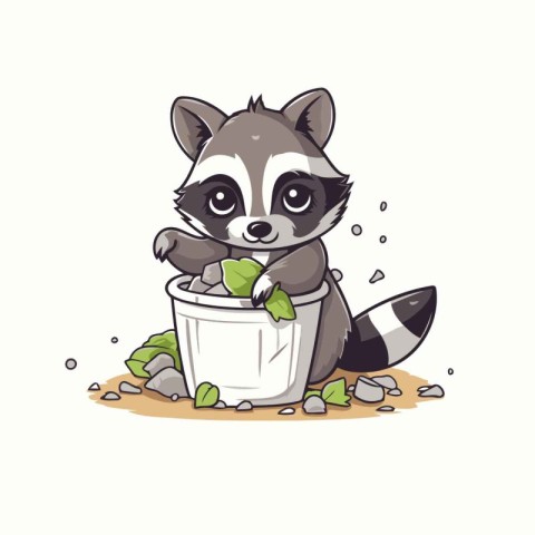 Cute raccoon with a bucket of water. Vector illustration.