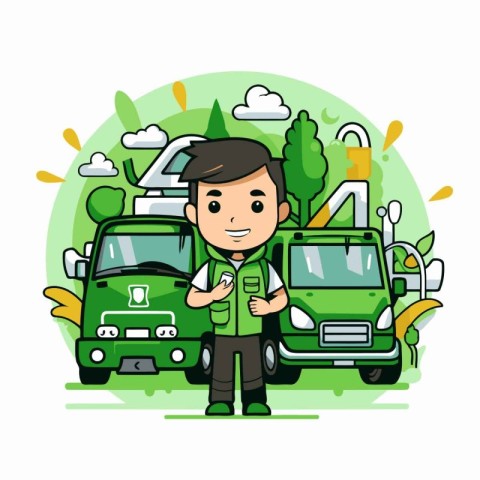 Cute cartoon mechanic with car on the road. Vector illustration.