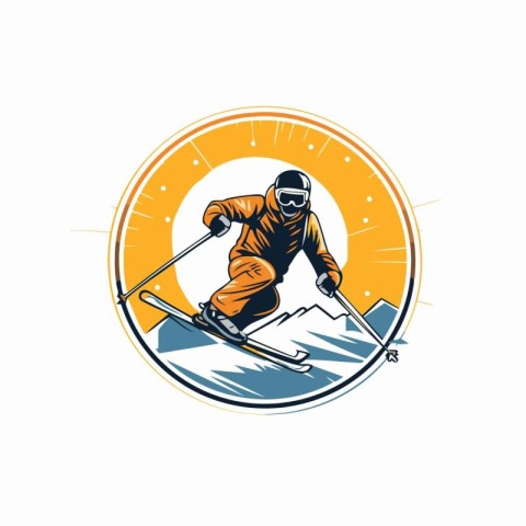 Skiing logo or icon with skier on mountain slope.