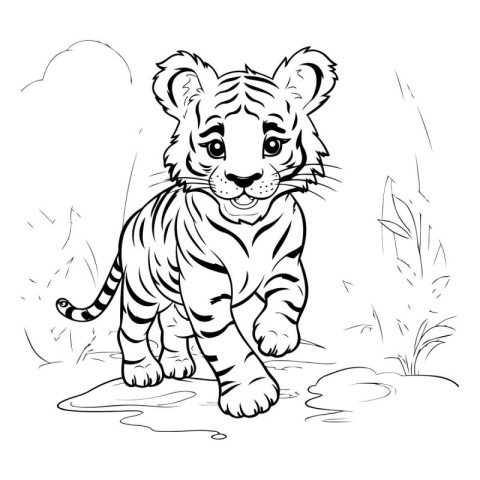 Black and white illustration of a tiger cub standing on the grou