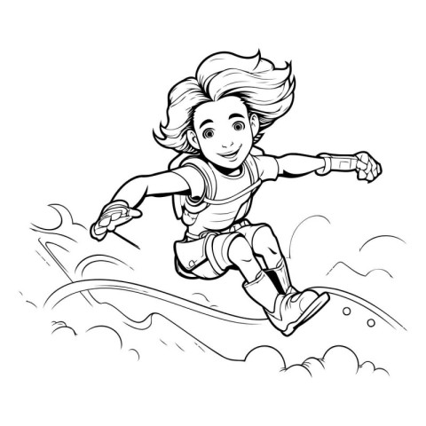 Girl jumping in the sky. Black and white vector illustration for