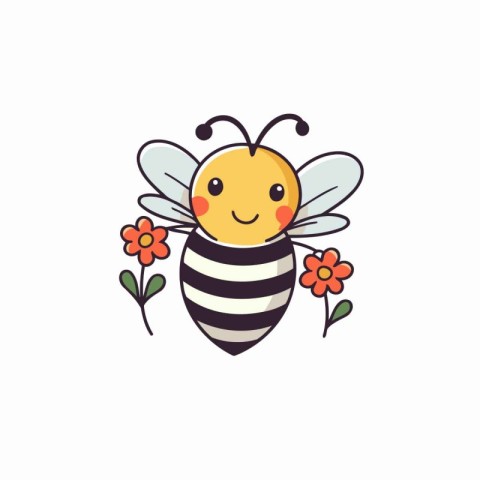 Cute cartoon bee with flower. Vector illustration on white backg