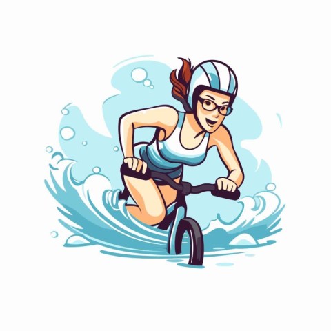 Cyclist in helmet and glasses riding bicycle. Vector illustratio