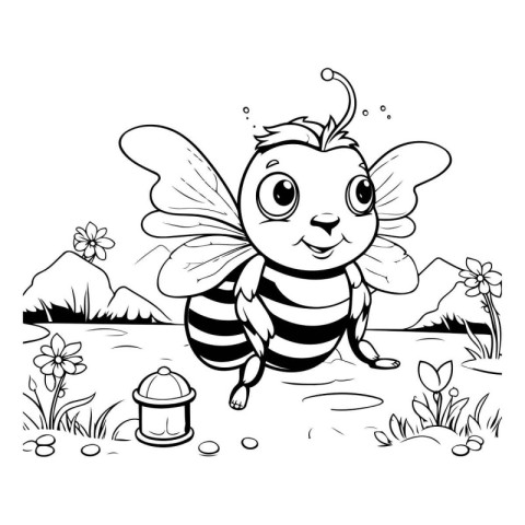 Black and White Cartoon Illustration of Cute Bee Animal Characte