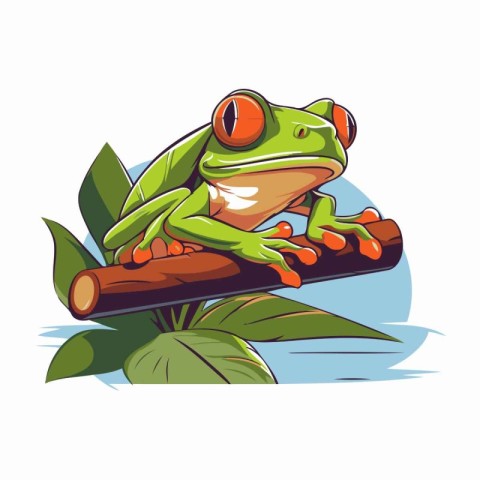 Frog on the branch of a tree. Vector cartoon illustration.