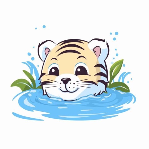 Cute cartoon tiger swimming in the water. Vector illustration on