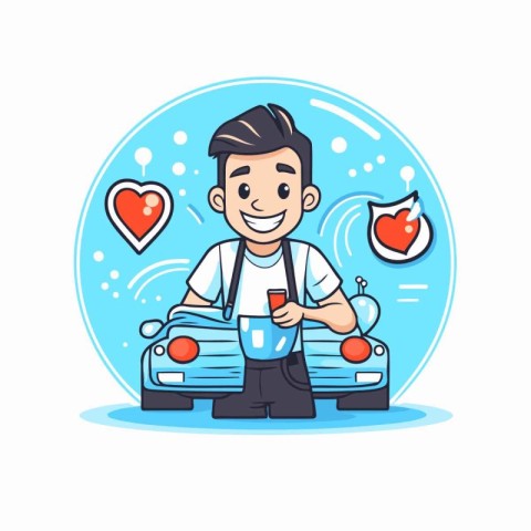 man with mobile phone and car. valentines day vector illustratio