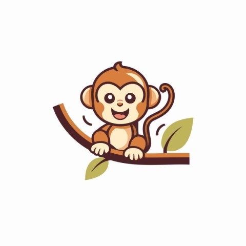 Cute cartoon monkey sitting on a tree branch. Vector illustratio