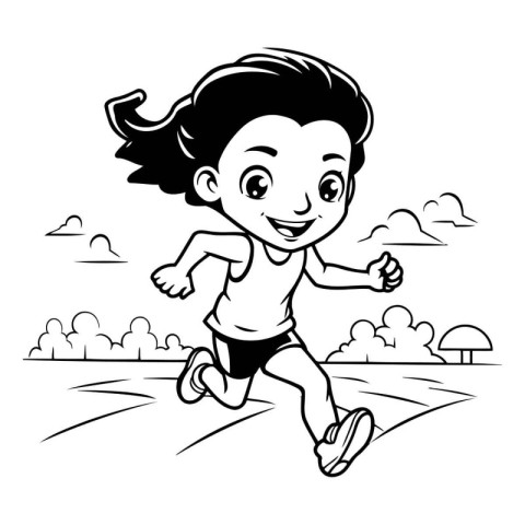 Cute little girl running in the park. black and white vector ill