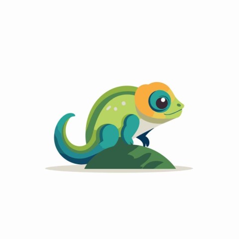 Cute cartoon chameleon on a rock. colorful vector illustration