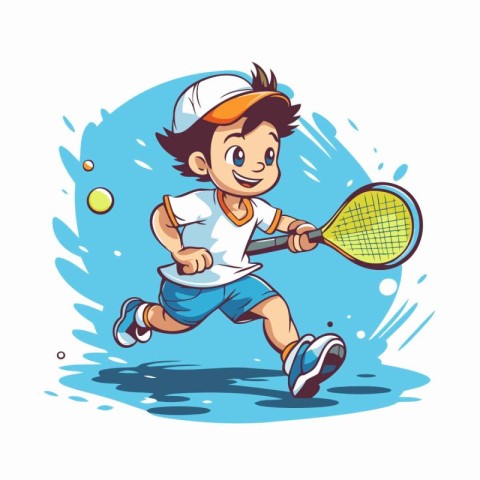 Cartoon boy playing tennis. Vector illustration of a boy playing