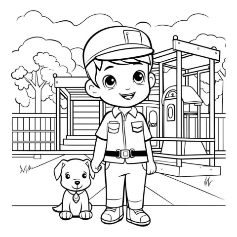 Boy with dog on playground. Black and white vector illustration