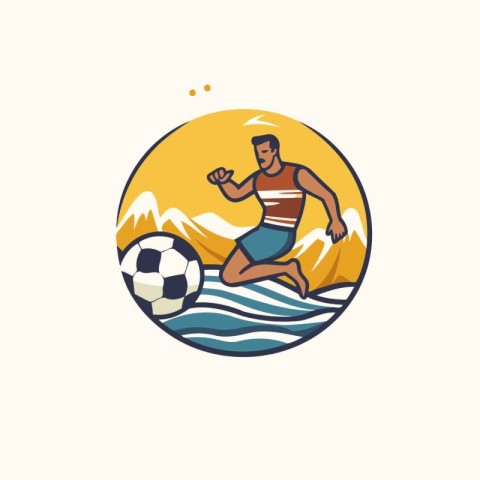 Soccer player on the waves with ball. Vector illustration in ret