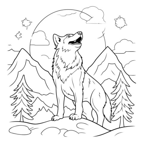 Wolf in the mountains. Vector illustration. Coloring book for ch