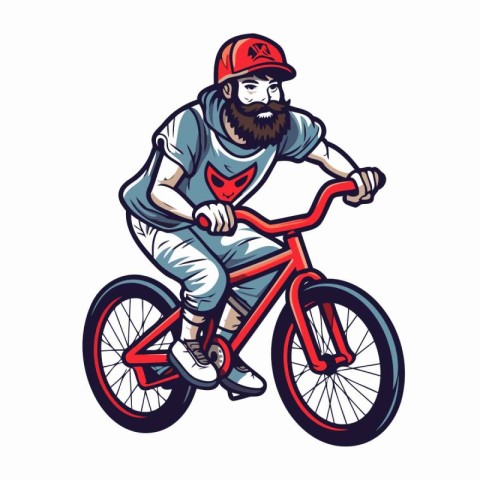 Mountain biker with a beard rides a bicycle. Vector illustration