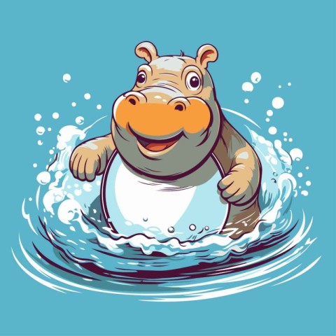 Hippo swimming in the water. Vector illustration of a cartoon hi