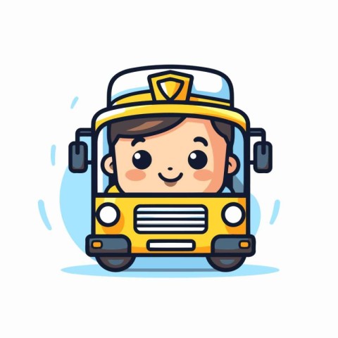 Cute boy driving school bus. Vector illustration. flat design.