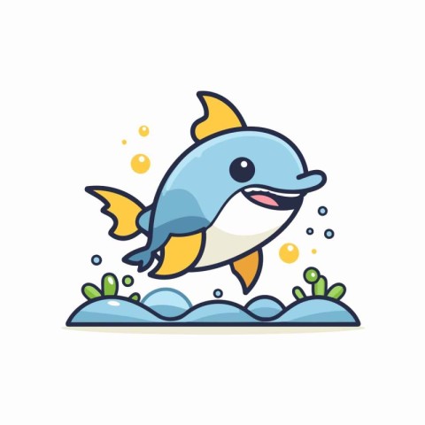 Cute cartoon dolphin jumping out of the water. Vector illustrati