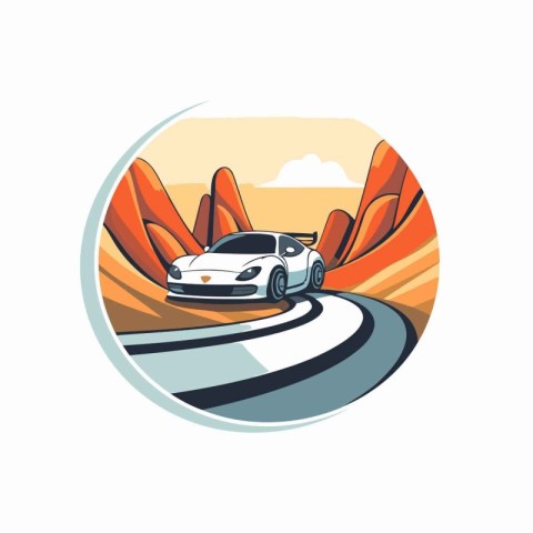 Car on the road in the mountains. Vector illustration in flat st