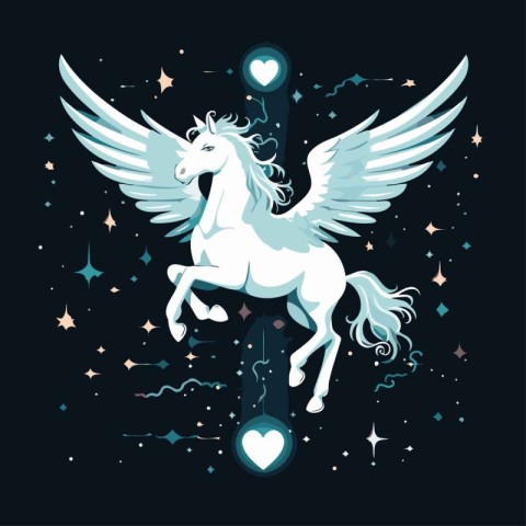 Unicorn with wings and heart on space background. Vector illustr