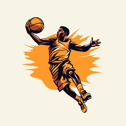 Basketball player with ball on fire background. Vector illustrat