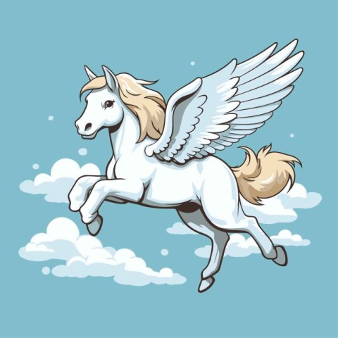 Unicorn with wings flying in the sky. Vector illustration.