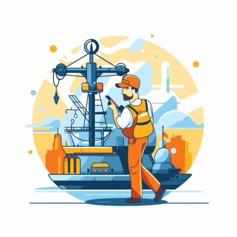 Fisherman and ship. Flat style vector illustration. Industrial b