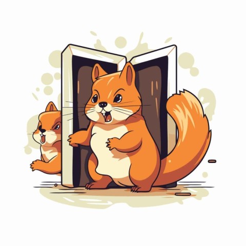 Cute squirrel stands in front of the door. Vector illustration.