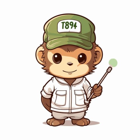 Cute cartoon monkey in a cap with a stick. Vector illustration