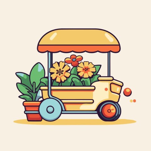 Coffee cart with flowers. Vector illustration in flat style.